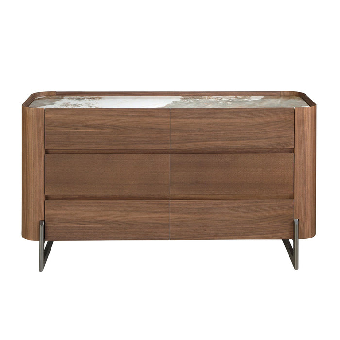 Cassettiera in noce e acciaio scuro metallizzato con piano in marmo porcellanato