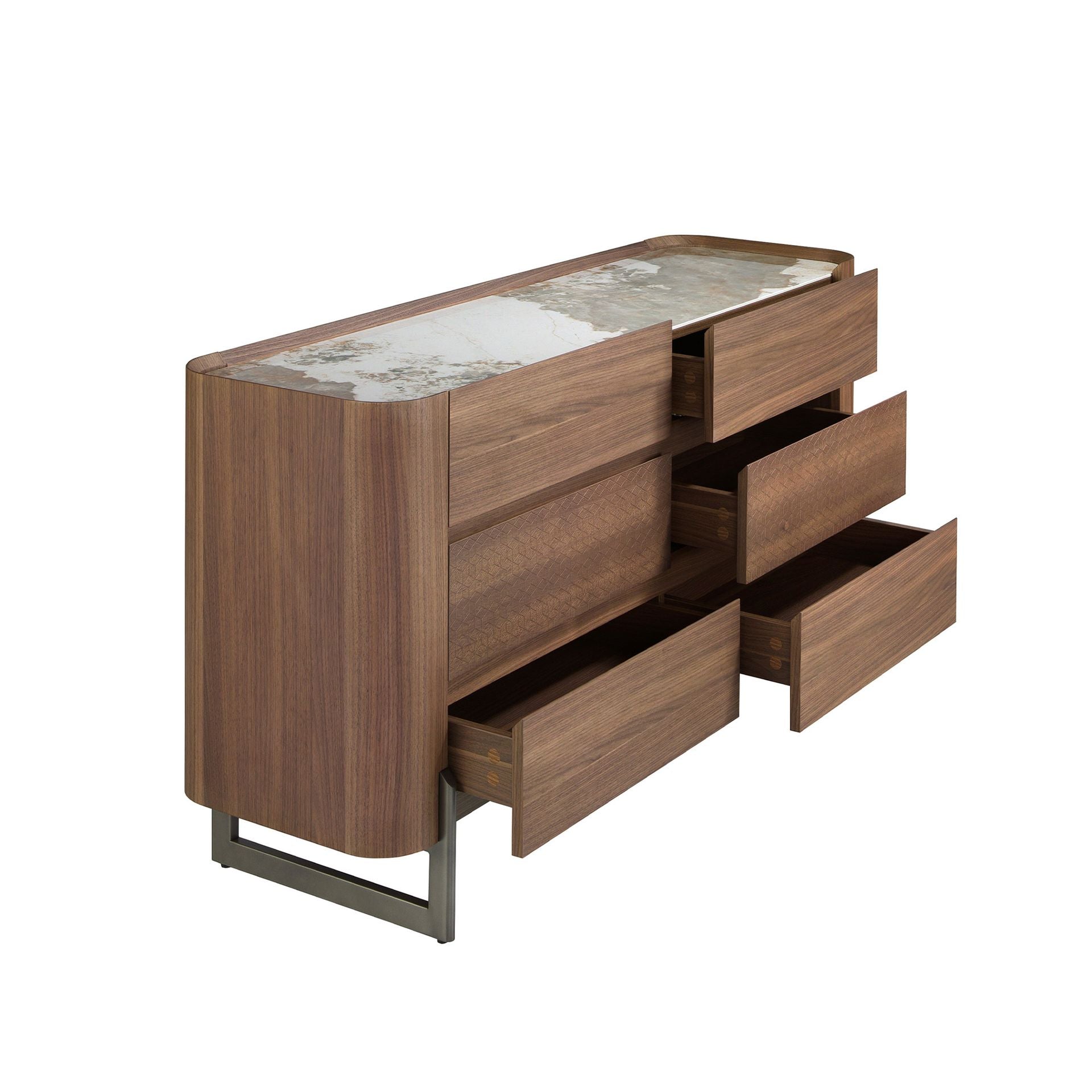Cassettiera in noce e acciaio scuro metallizzato con piano in marmo porcellanato