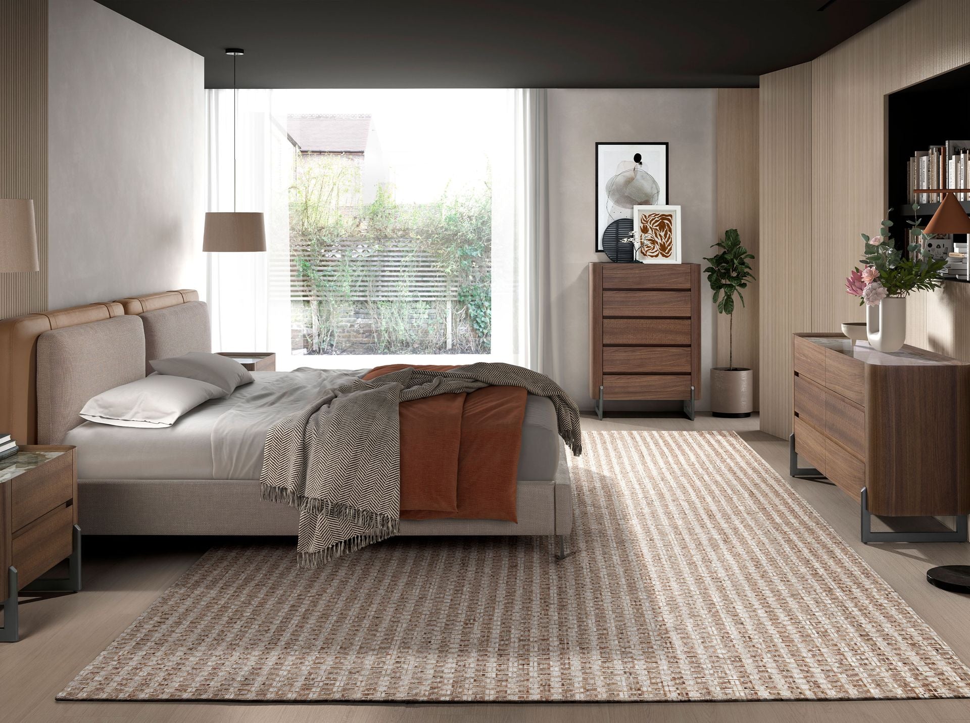 Cassettiera in noce e acciaio scuro metallizzato con piano in marmo porcellanato