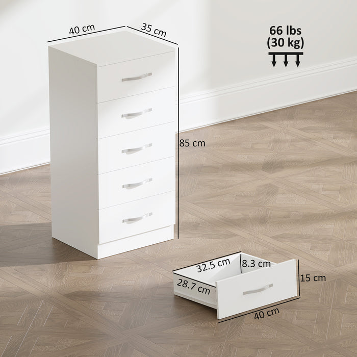 Cassettiera 5 Cassetti 40x35x85 cm dallo Stile Moderno in Truciolato Bianco
