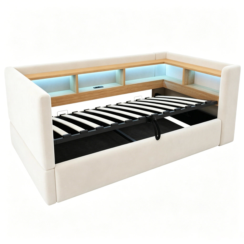 Letto imbottito trasformabile 90x190 cm con contenitore idraulico, LED, prese e rivestimento beige