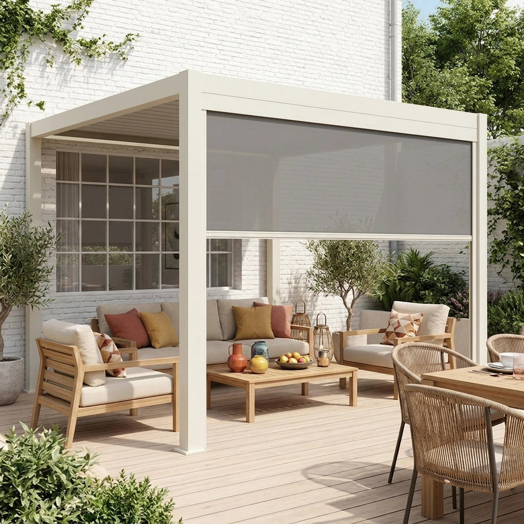 Pergola bioclimatica 3x4m in alluminio + tenda da sole 3m, beige