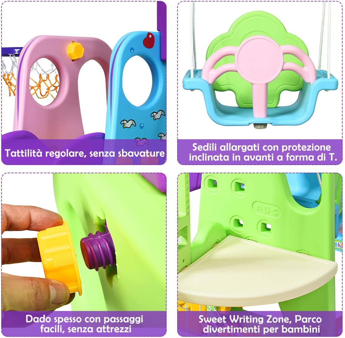 Parco Giochi 6 in 1 Multi Giochi da Giardino, con Altalena e Scivolo, Pallacanestro e Porta da Calcio, per Bambini