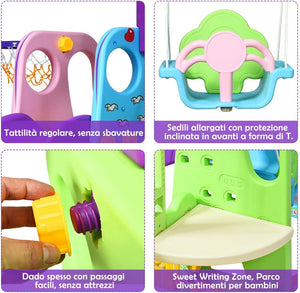 Parco Giochi 6 in 1 Multi Giochi da Giardino, con Altalena e Scivolo, Pallacanestro e Porta da Calcio, per Bambini