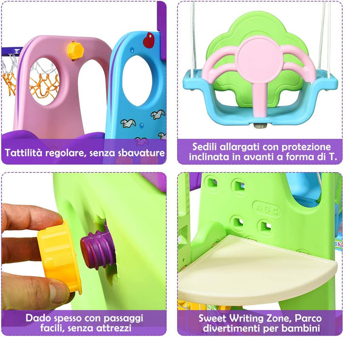 Parco Giochi 6 in 1 Multi Giochi da Giardino, con Altalena e Scivolo, Pallacanestro e Porta da Calcio, per Bambini
