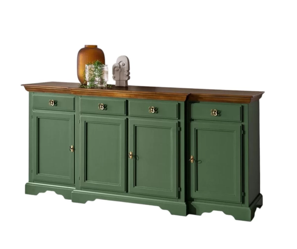 Madia credenza 4 porte 4 cassetti legno shabby verde e noce 200x45x93 - Mobili 2G