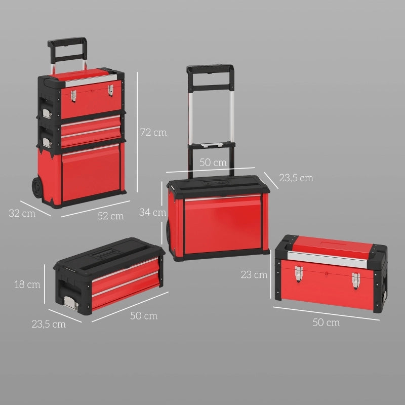 Carrello portautensili con 3 unità modulari impilabili, struttura in acciaio e plastica, rosso