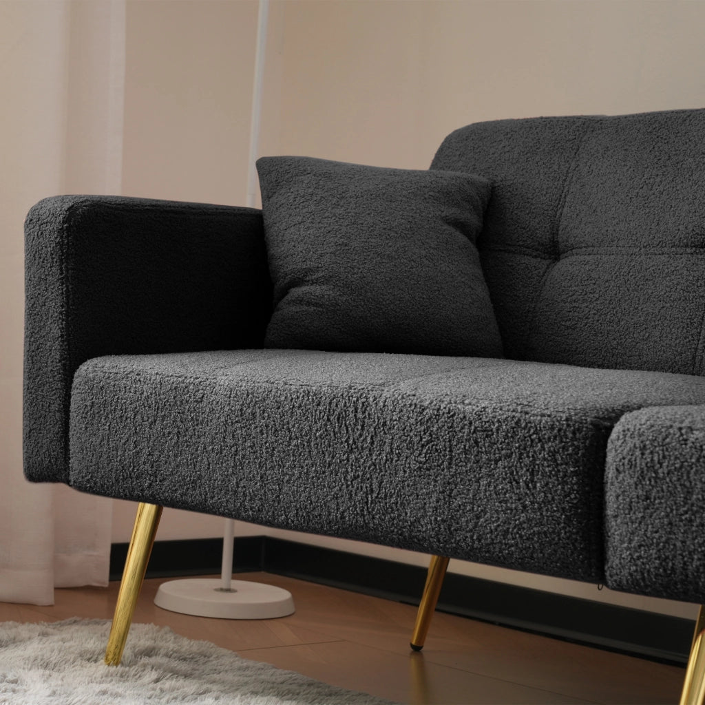 Divano Letto 2 Posti Convertibile Schienale Regolabile 105-180° con Cuscini e Tasche Laterali Struttura Legno in Sherpa Grigio Antico
