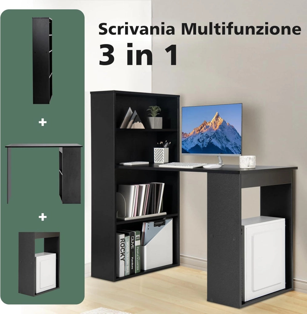 Scrivania per Computer con Libreria, Scrivania Moderna Porta PC con 6 Ripiani, Mobile Scrivania con Ripiani Regolabile Ampia Base per Casa, Ufficio (nero)