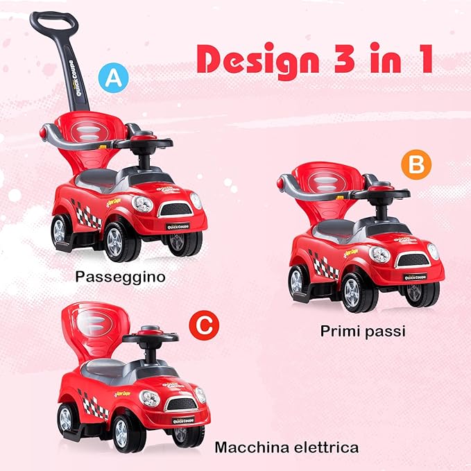3 in 1 Macchina Cavalcabile a Spinta per Bambini, con Guardrail Staccabili e Maniglia Clacson, Spazio di Archiviazione Nascosto e Design Anti-ribaltamento, Ideale per Bambini 2-6 Anni (Rosso)