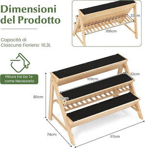 Letto Rialzato da Giardino a 3 Livelli, Fioriera Verticale in Legno con Ripiano, 2 Ganci e 3 Fodere per Letti, Aiuola Rialzata per Patio, Balcone, Naturale
