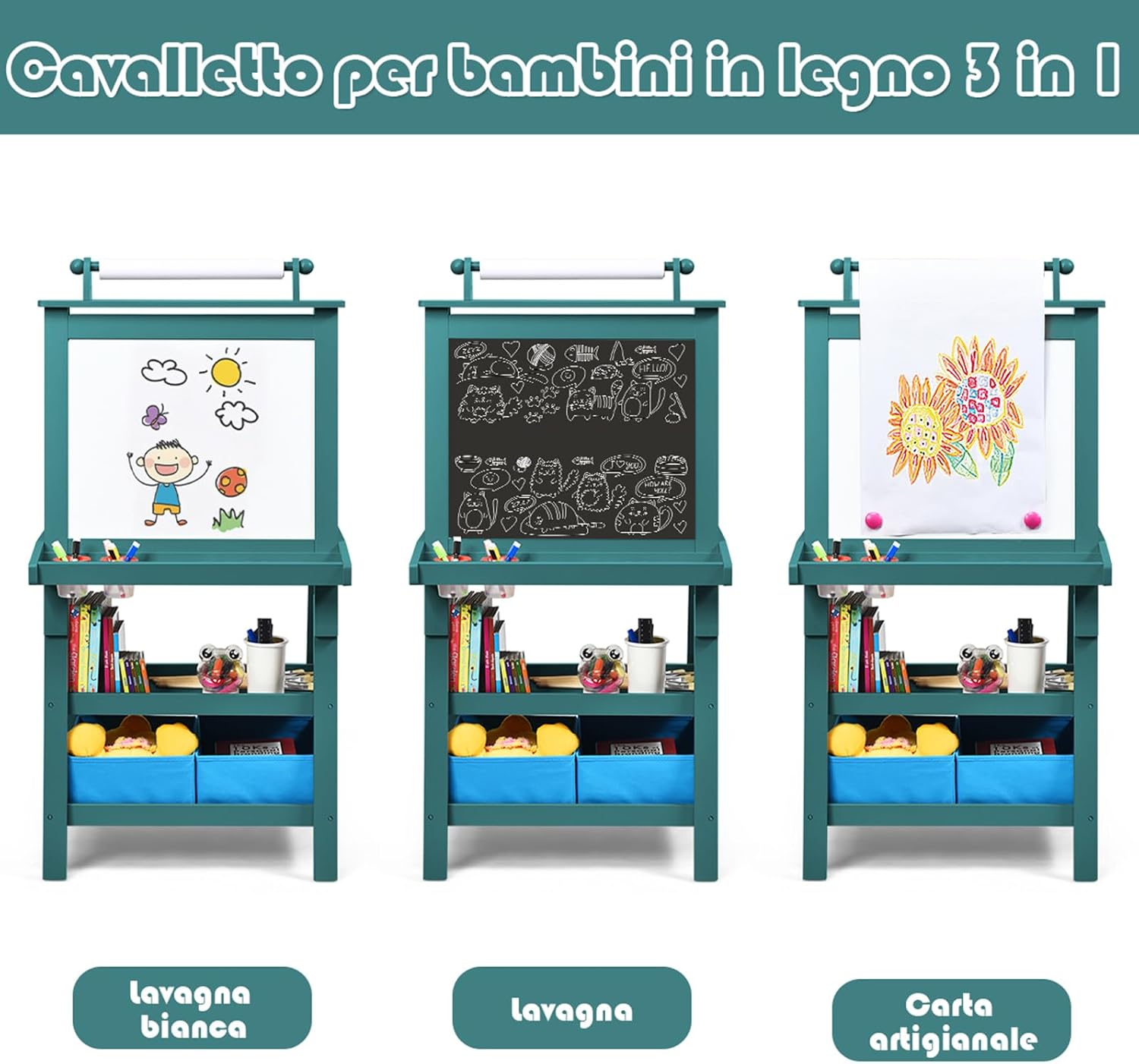3 in 1 Cavalletto per Bambini con Doppia Faccia, Cavalletto per Disegno con 2 Vassoi e 2 Scatole, Lavagna Bambini in Legno (Blu)