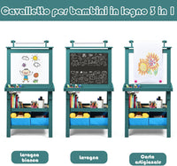 3 in 1 Cavalletto per Bambini con Doppia Faccia, Cavalletto per Disegno con 2 Vassoi e 2 Scatole, Lavagna Bambini in Legno (Blu)