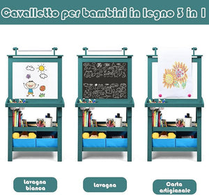 3 in 1 Cavalletto per Bambini con Doppia Faccia, Cavalletto per Disegno con 2 Vassoi e 2 Scatole, Lavagna Bambini in Legno (Blu)
