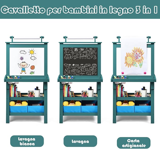 3 in 1 Cavalletto per Bambini con Doppia Faccia, Cavalletto per Disegno con 2 Vassoi e 2 Scatole, Lavagna Bambini in Legno (Blu)