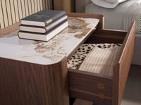 Comodino in noce e acciaio scuro metallizzato con piano in marmo porcellanato