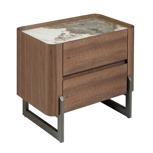 Comodino in noce e acciaio scuro metallizzato con piano in marmo porcellanato