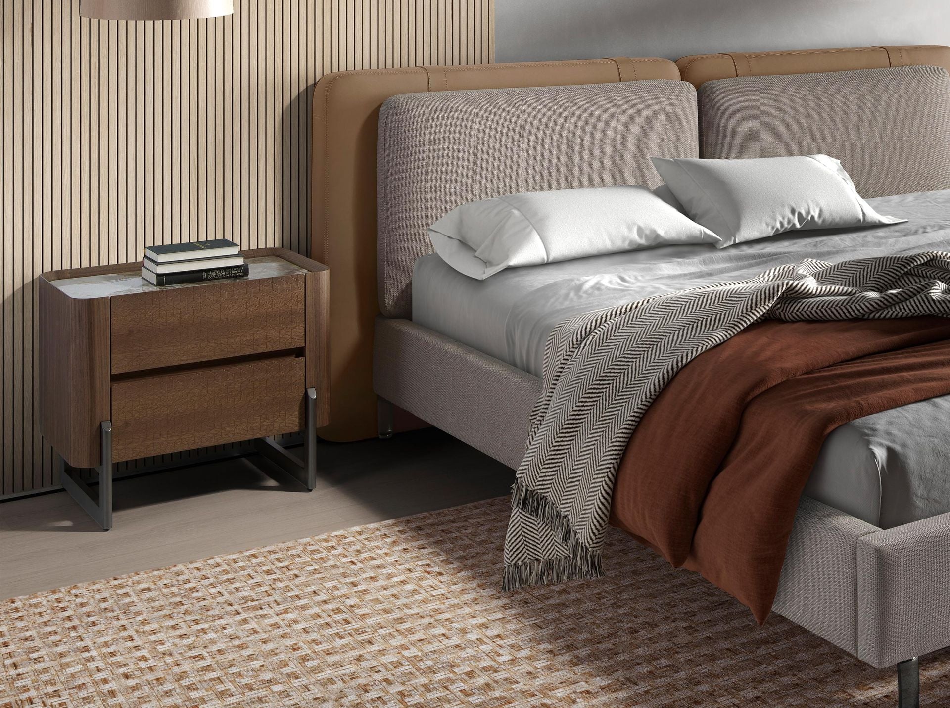 Comodino in noce e acciaio scuro metallizzato con piano in marmo porcellanato