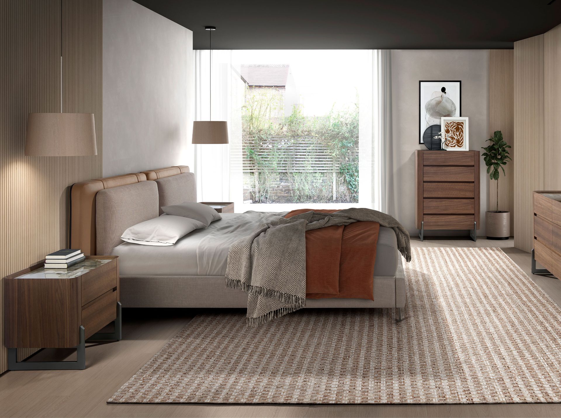 Comodino in noce e acciaio scuro metallizzato con piano in marmo porcellanato