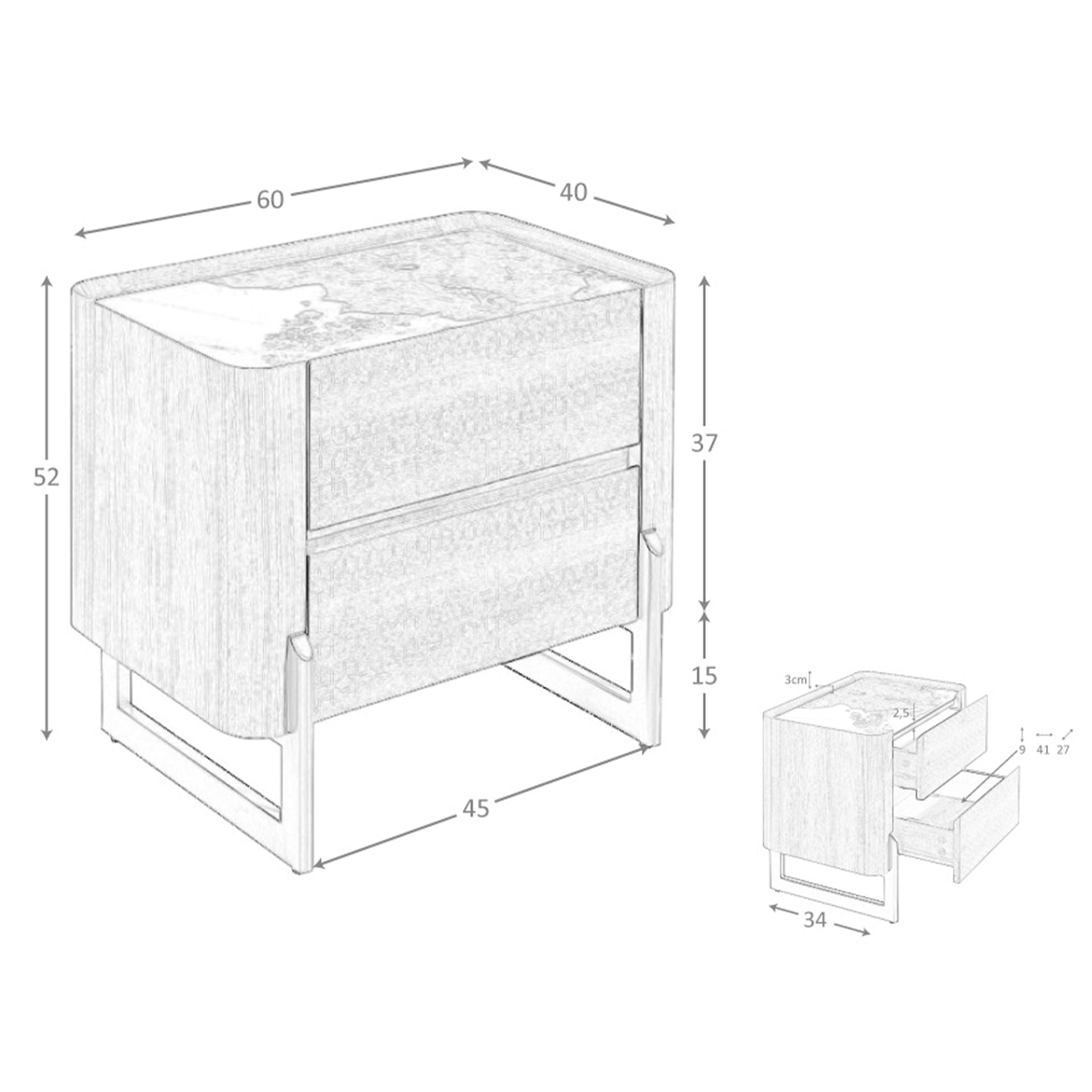 Comodino in noce e acciaio scuro metallizzato con piano in marmo porcellanato