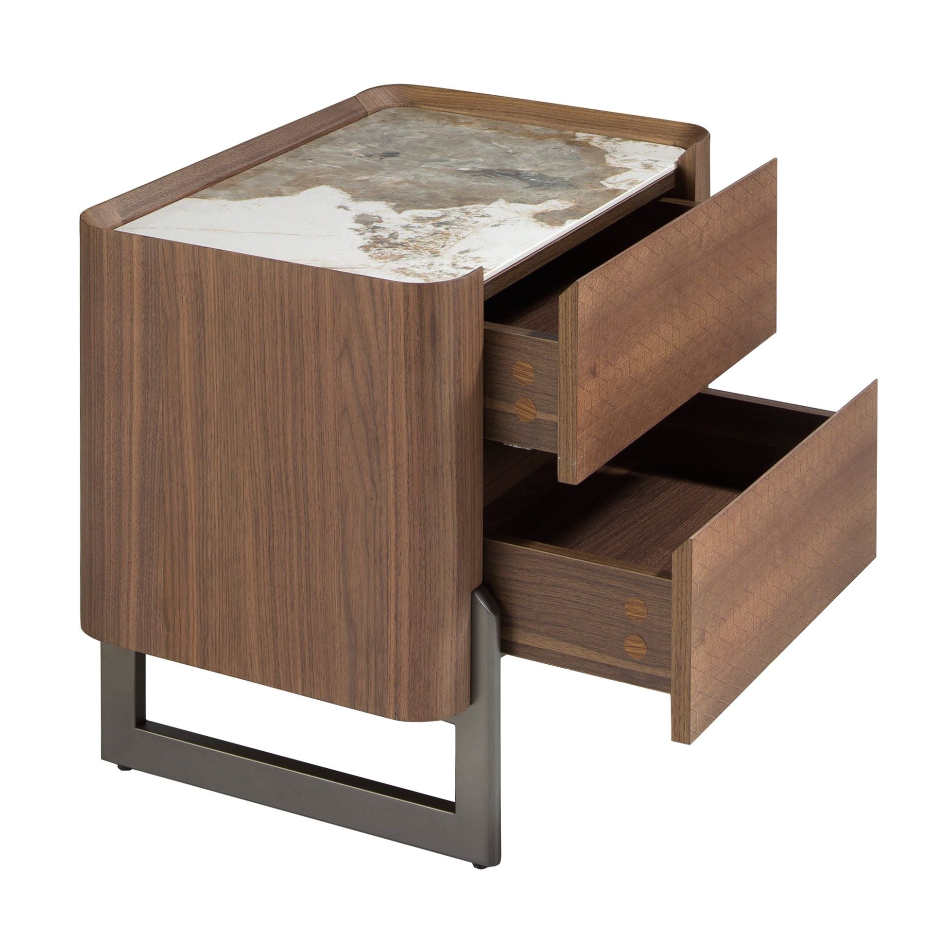 Comodino in noce e acciaio scuro metallizzato con piano in marmo porcellanato
