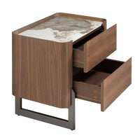Comodino in noce e acciaio scuro metallizzato con piano in marmo porcellanato