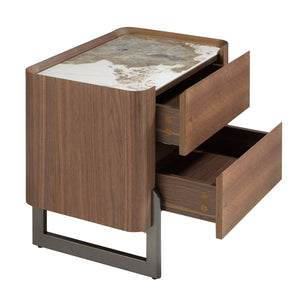 Comodino in noce e acciaio scuro metallizzato con piano in marmo porcellanato
