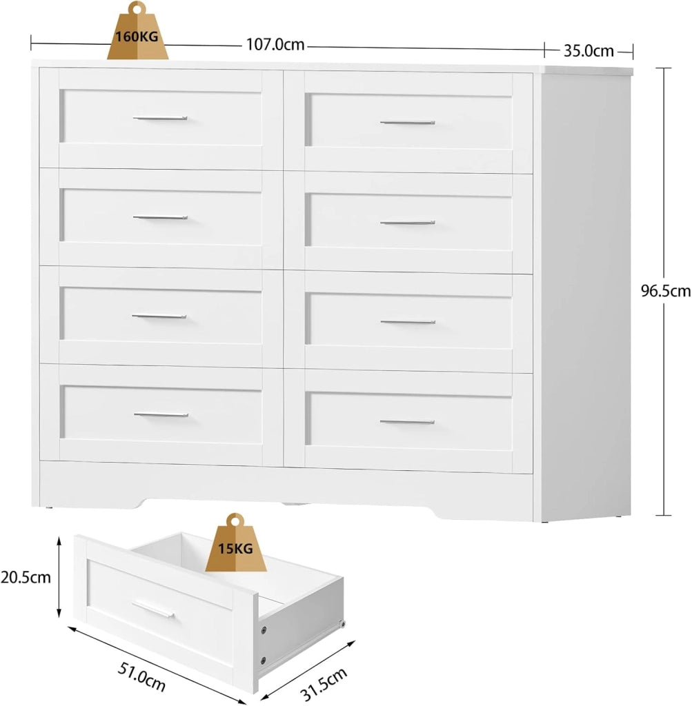 Cassettiera Camera da Letto, Settimino con 8 Cassetti - Comò Bianco Moderno e Salvaspazio, Ideale per Soggiorno e Ingresso, 107x35x96.5 cm