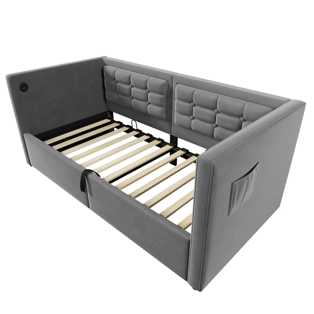 Letto divano imbottito 90x200 cm con vano contenitore idraulico, stazione di ricarica USB e Type-C, velluto grigio, senza materasso