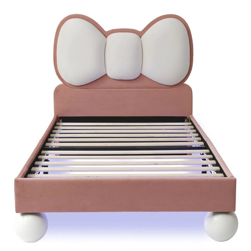 Letto imbottito singolo con testiera e LED ¨C Minimal ¨C Velluto Beige e Rosa 90x200cm con rete a doghe