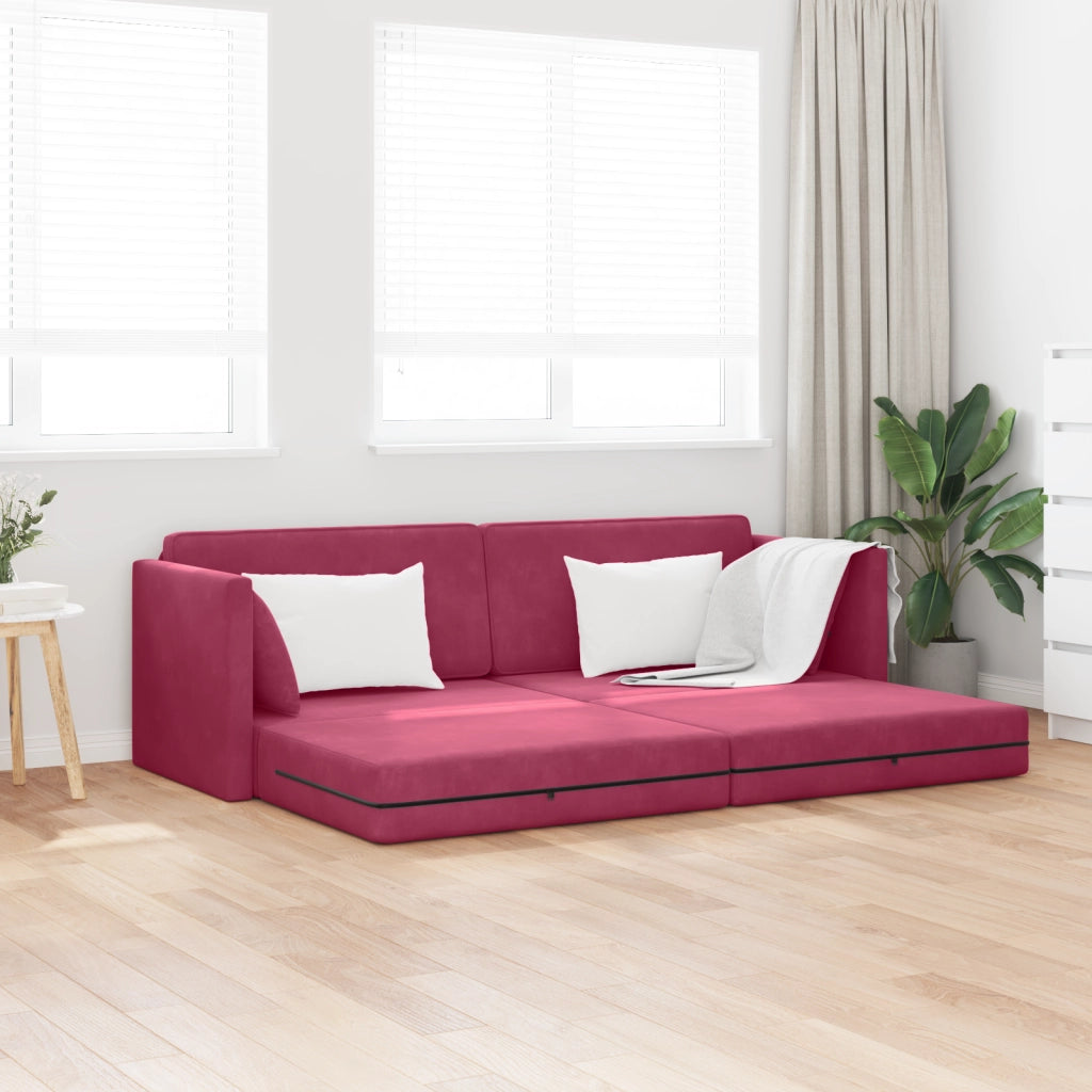 Divano Letto a Terra 2-in-1 Rosso Vino 213x144x60 cm Velluto
