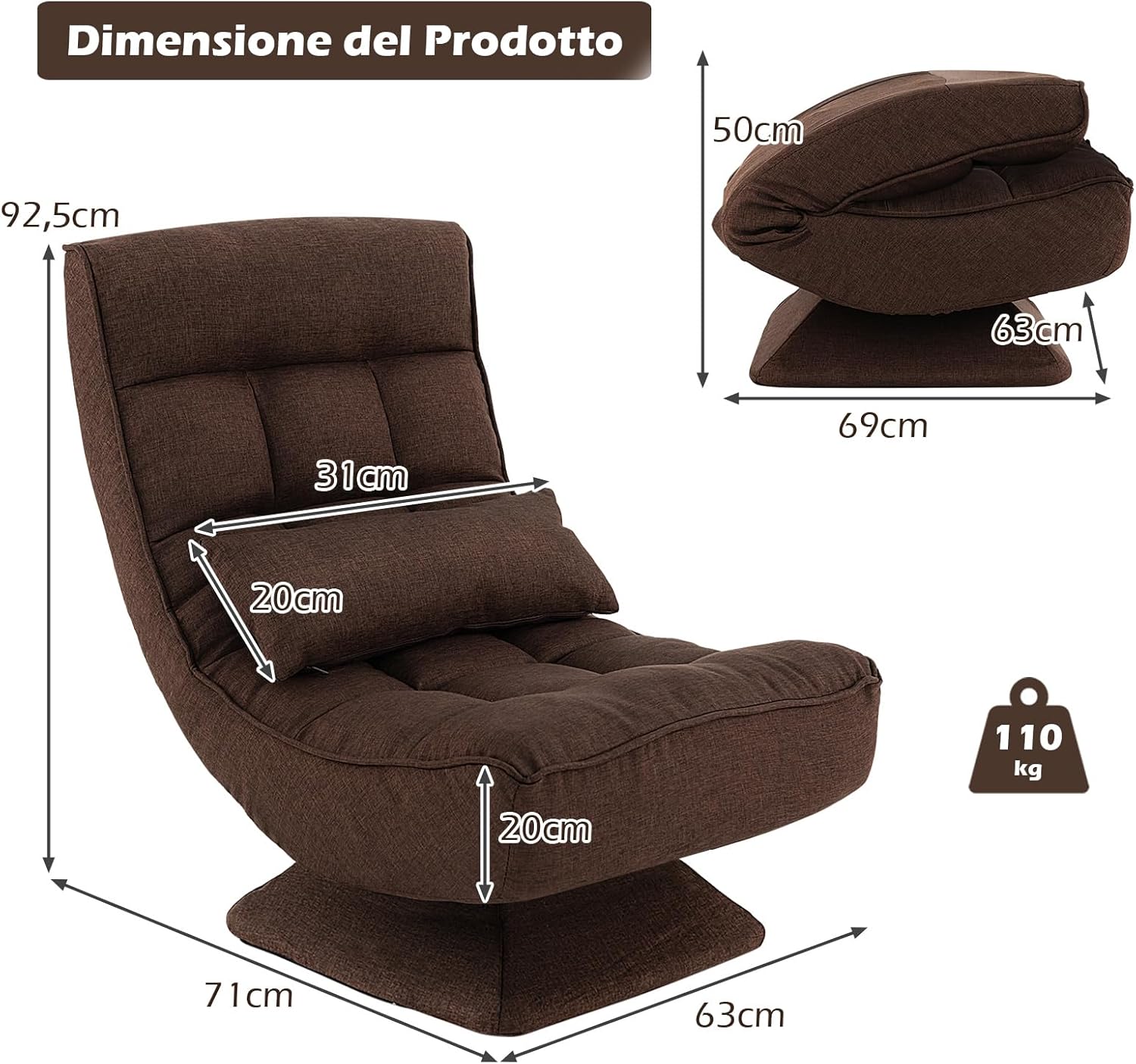 Poltrona da Terra Pieghevole, Poltrone da Divano Regolabile a 4 Posizioni, Sedia Imbottita con Base Girevole, per Studio, Soggiorno, Camera da Letto (marrone)