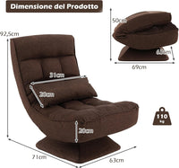 Poltrona da Terra Pieghevole, Poltrone da Divano Regolabile a 4 Posizioni, Sedia Imbottita con Base Girevole, per Studio, Soggiorno, Camera da Letto (marrone)