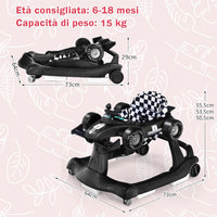 Girello per Bambini 4 in 1, Girello Pieghevole con Altezza e Velocità Regolabili, Carillon con Luci, Volante e Sedile, Primi Passi per Bambini 6-18 Mesi, Portata 15 kg (Nero)