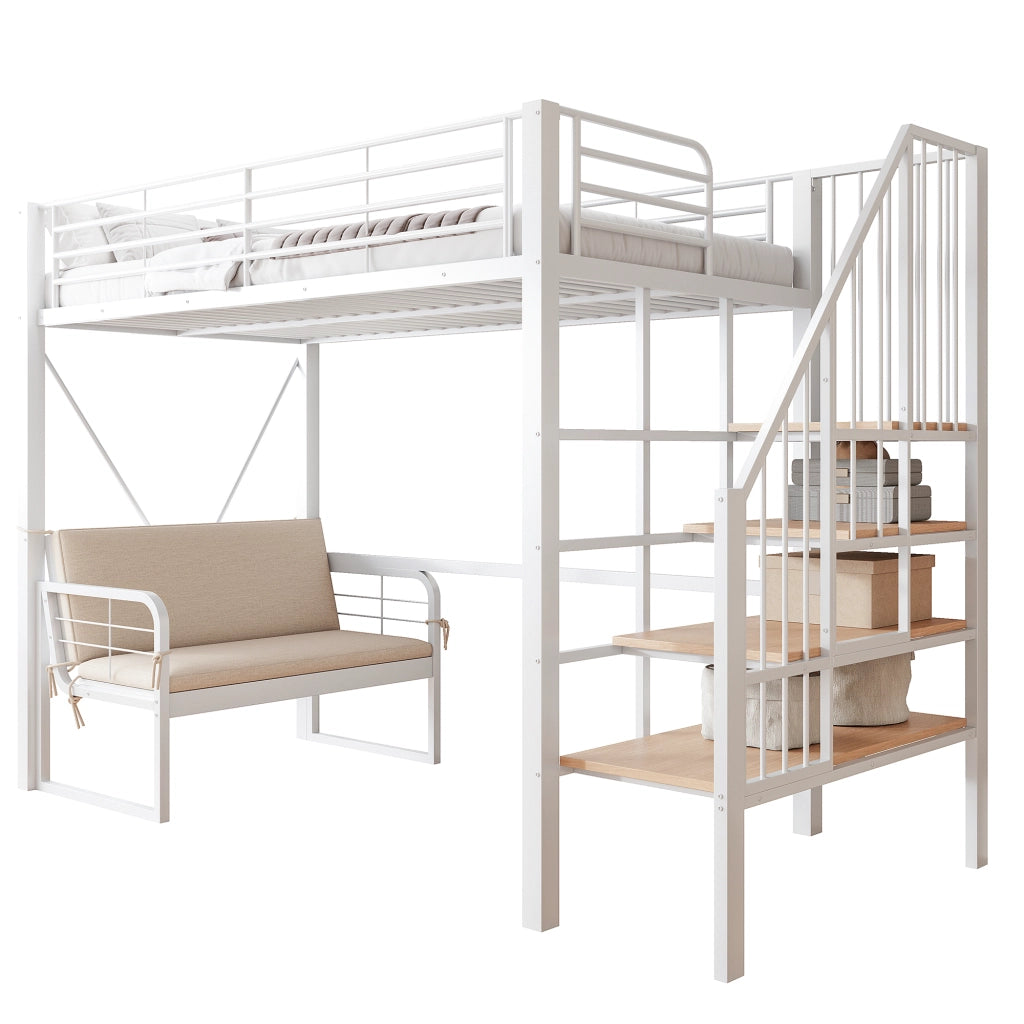 Letto a castello in metallo e MDF 90x200 cm con divano imbottito removibile, scala contenitore e struttura salvaspazio, bianco/nero