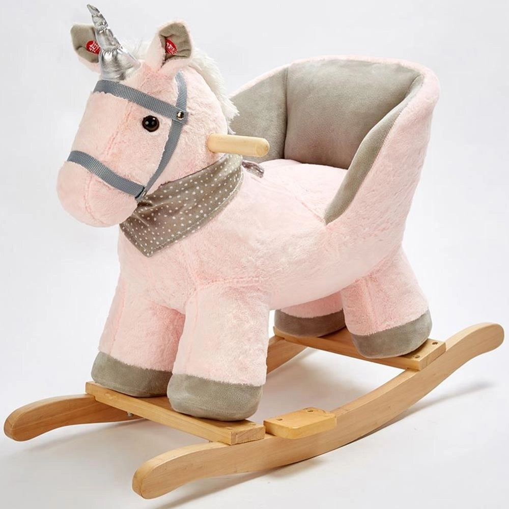 Unicorno Dondolo Cavalcabile Peluche Cavallo con Suoni Cintura Sicurezza Gioco Legno
