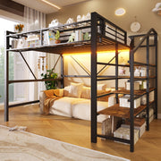 Letto a soppalco in metallo con scala, LED e contenitore, 140x200 cm, nero