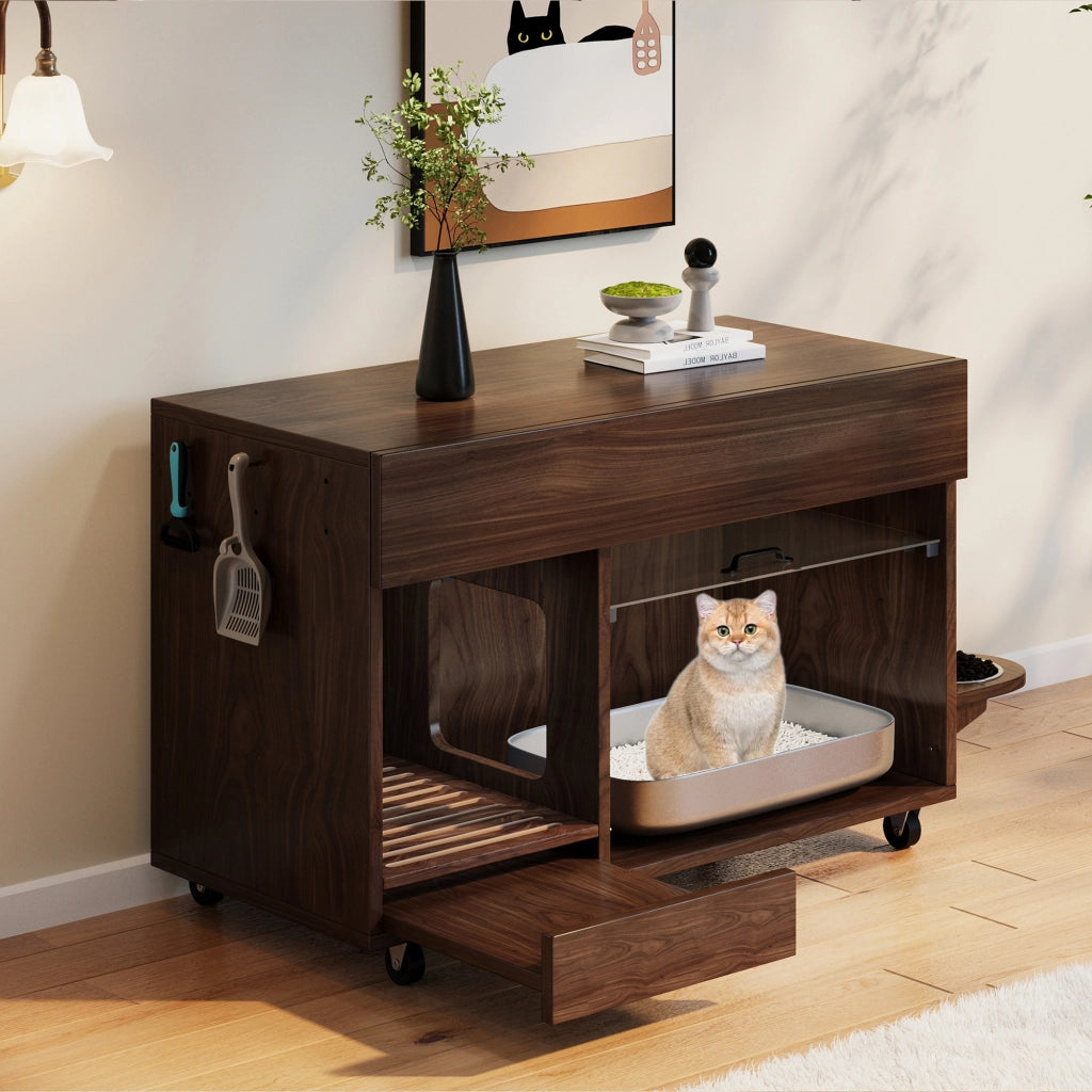 Mobile coperto per lettiera per gatti con vassoio raccogli sabbia e ruote, per soggiorno, in MDF, noce, 100 × 45,5 × 67 cm