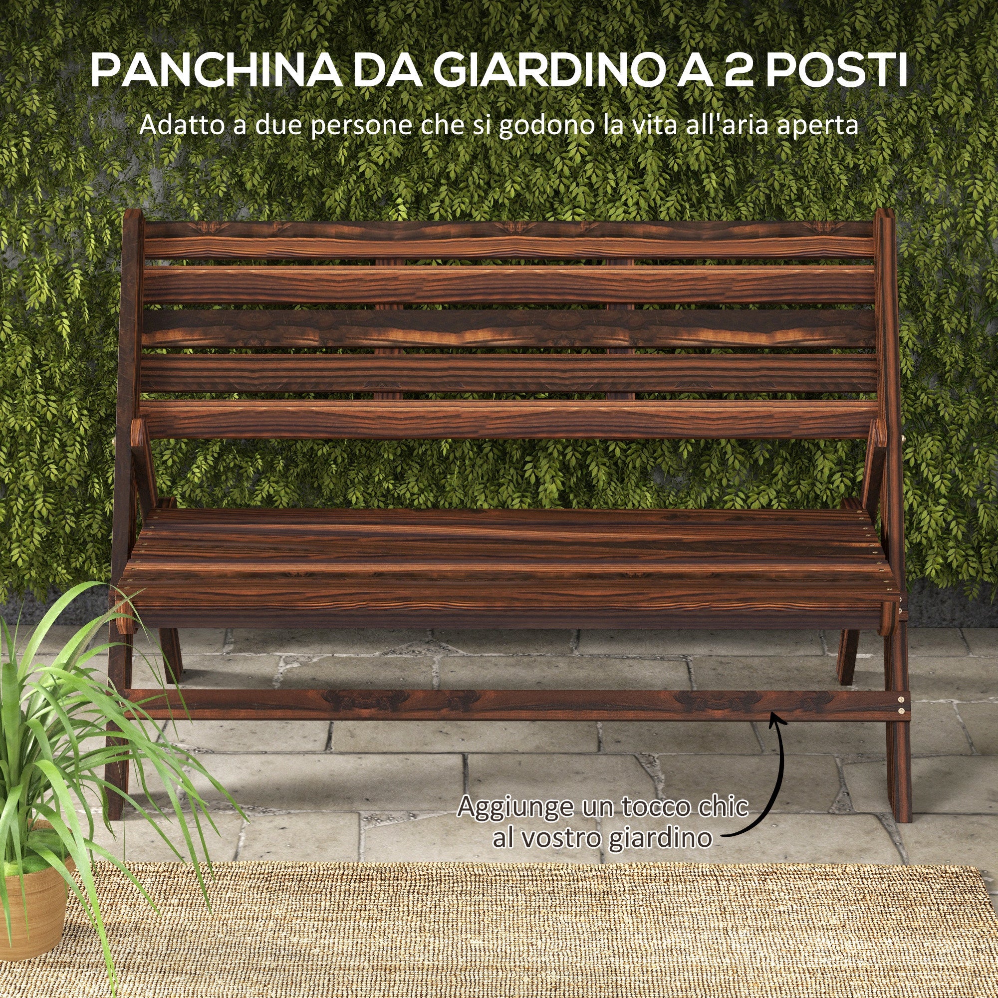 Panchina da Giardino 2 Posti 122x63x83 cm Pieghevole a Doghe in Legno di Pino Carbonizzato