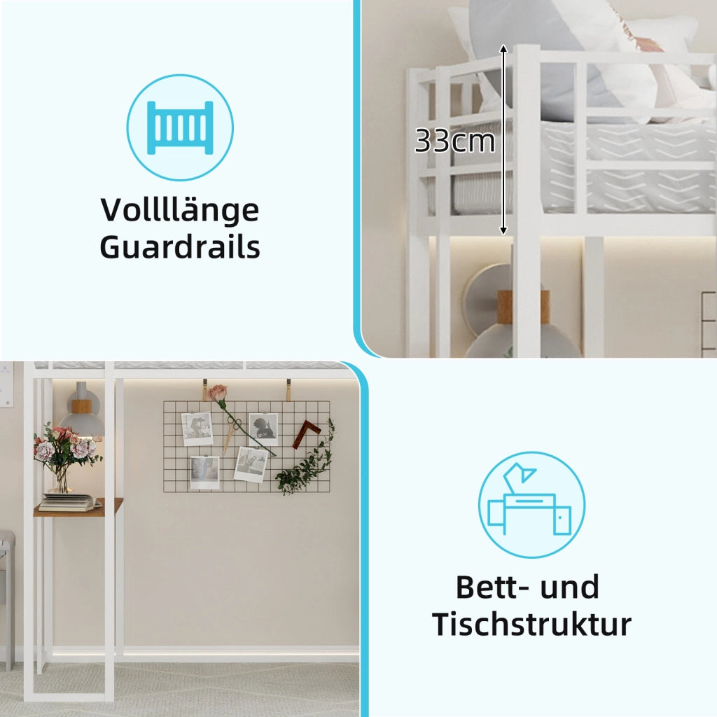 Letto a soppalco 90 × 190 cm con scrivania, scale doppie e spazio sottostante, senza materasso, bianco