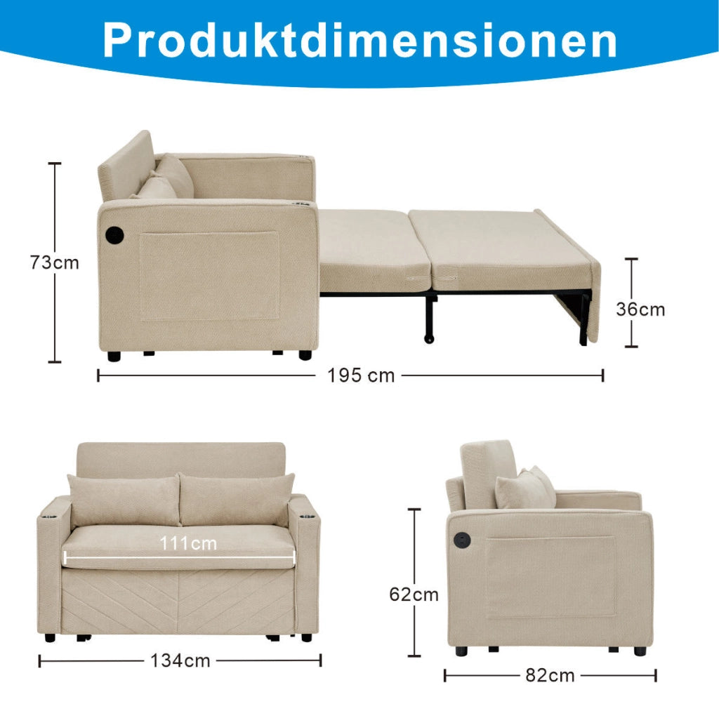 Divano letto 2 posti beige in legno e tessuto; con porte USB