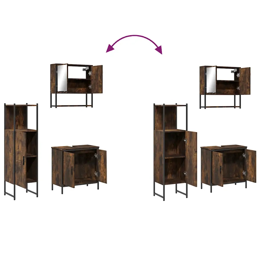 Set Mobili da Bagno 3 pz Rovere Fumo in Legno Multistrato