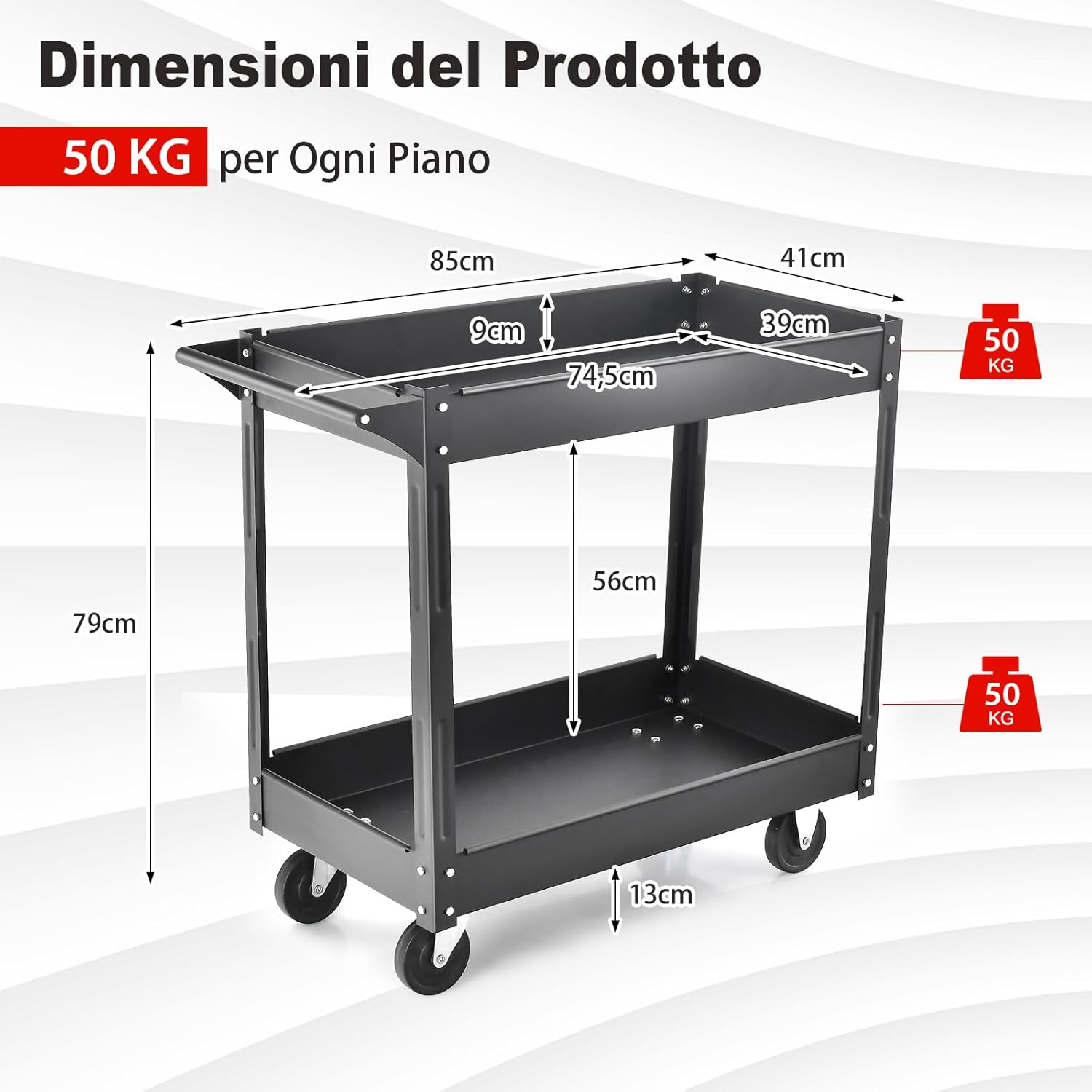 Carrello Multiuso a 2 Livelli, Carrello Multiuso con Maniglia e Melaio in Metallo, Capacità di carico di 50 kg (Nero)