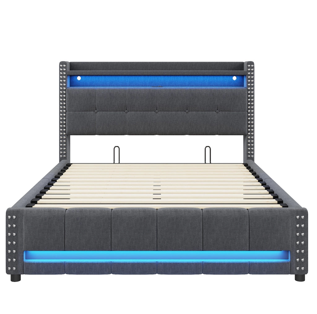 Letto imbottito 160x200 cm con contenitore; LED e USB in tessuto di lino grigio