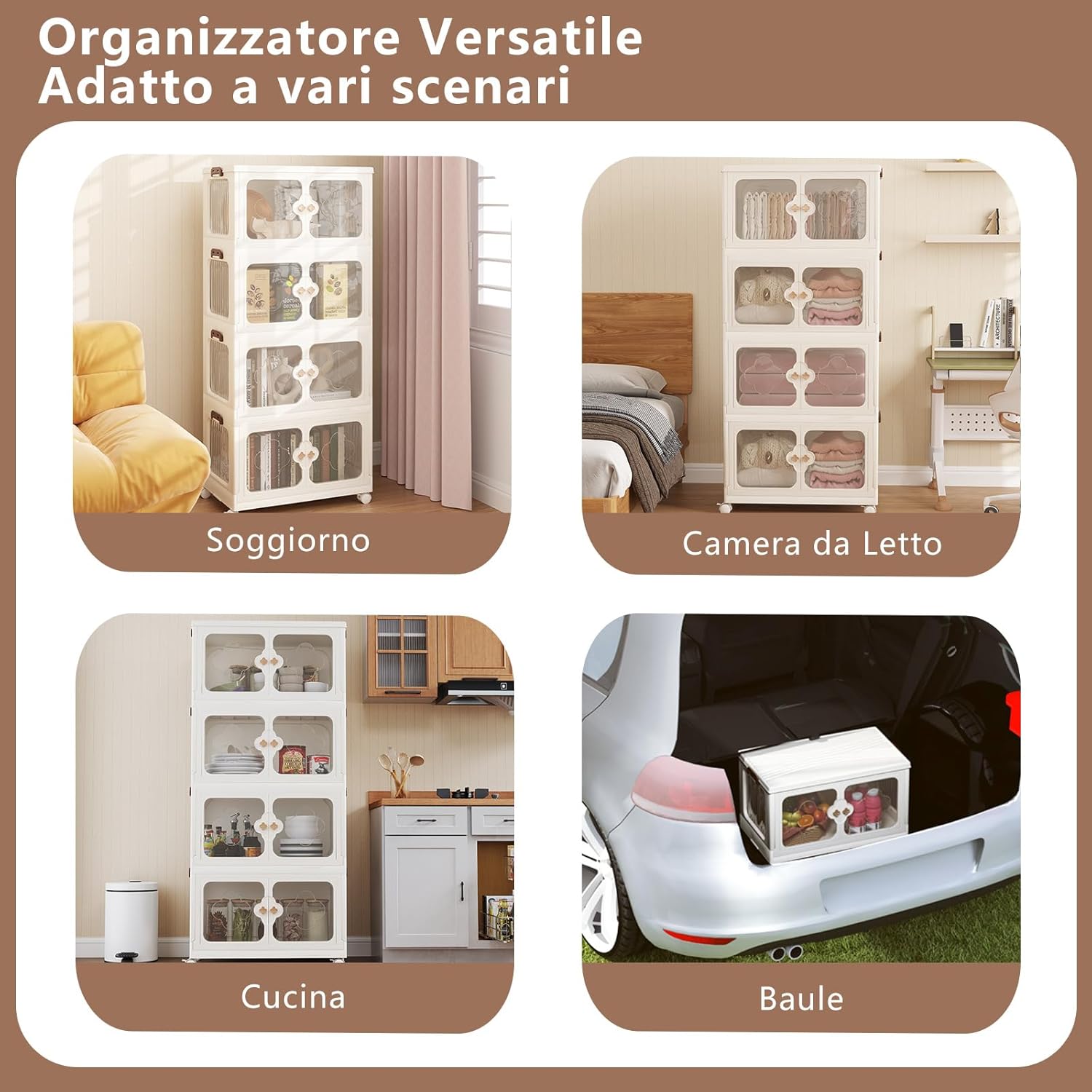 Scatole Immagazzinaggio Impilabili e Pieghevole con Ruote, Armadietto a 4 Ripiani con Ante e Coperchio, Contenitore Trasparente per Camera da Letto e Soggiorno, Bianco (59,5 x 35,5 x 130,5 cm)