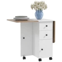 Tavolo Pieghevole con 2 Cassetti e Armadietto, 6 Rotelle e Freni, 120x60x76.5 cm, Bianco e Rovere