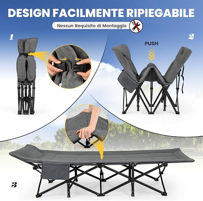 Brandina da Campeggio, Letto da Campeggio con Cuscino e Poggiatesta, Tappetino a Doppio Strato, Brandina da Campeggio Portatile per Ufficio, Casa, Carico Fino a 204 kg(grigio)