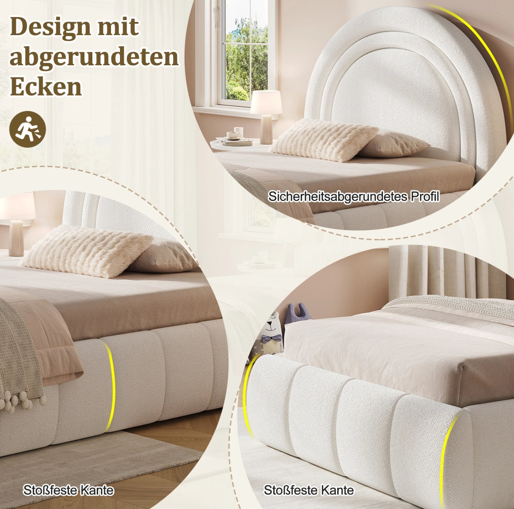 Letto singolo per bambini 90x200 cm con contenitore idraulico; rete a doghe; bouclé beige