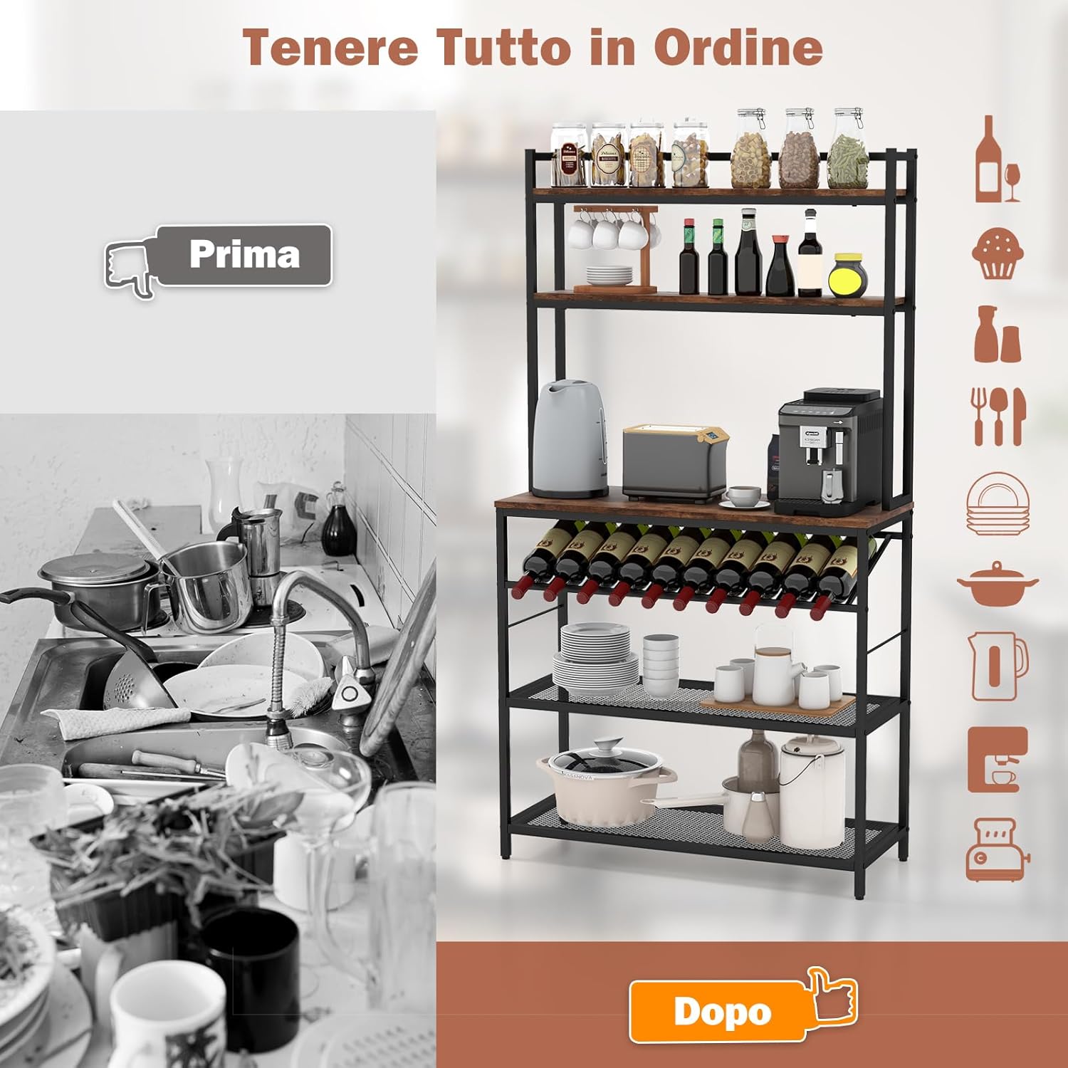 Scaffale da Cucina a 6 Ripiani con Portabottiglie, Scaffale Porta Microonde con Portabottiglie Inclinato e 2 Ripiani in Rete, per Cucina, Sala da Pranzo, 90x35x165 cm
