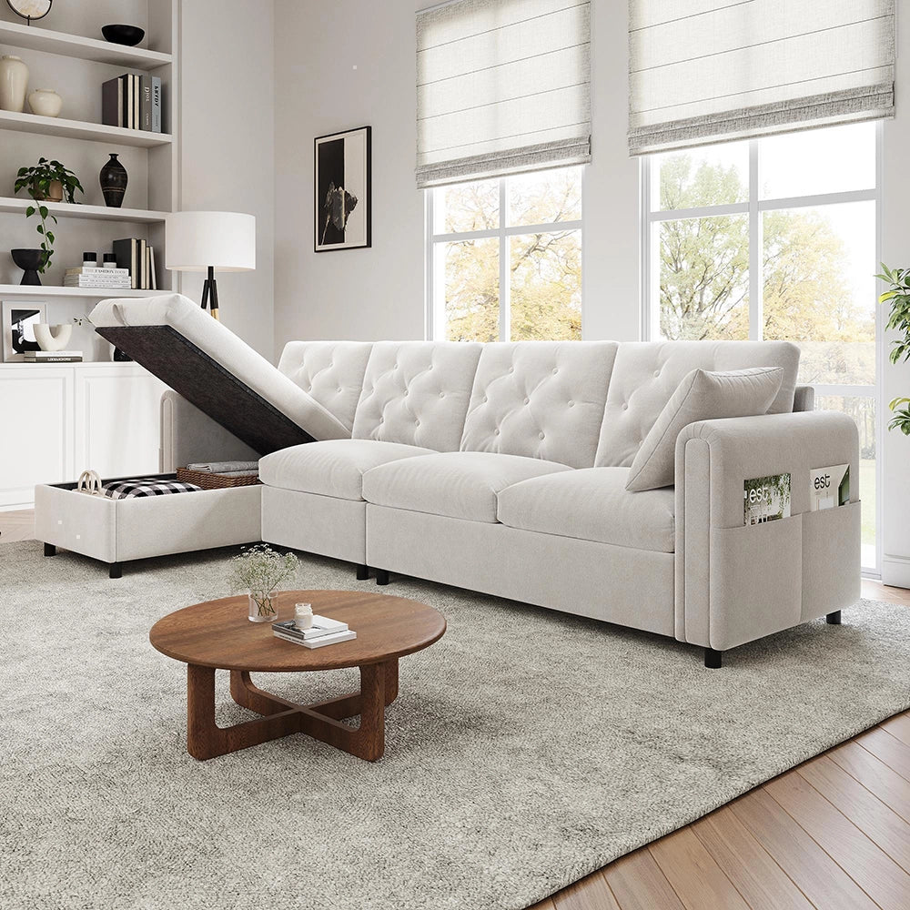 Divano moderno in velluto - Xylo - Angolare con ripostiglio, beige (281cm)